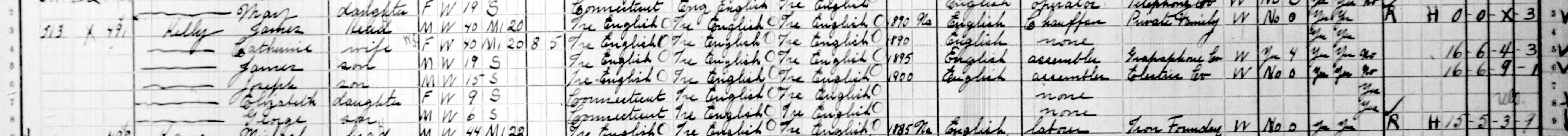 1910 census household rows for Catherine and James Kelly and the children recorded with them