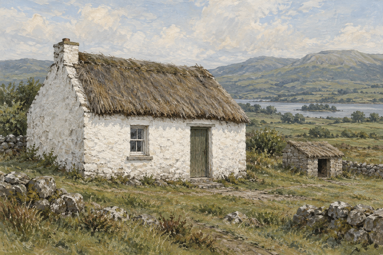 Painterly interpretation of a modest Leitrim cottage and fowl house