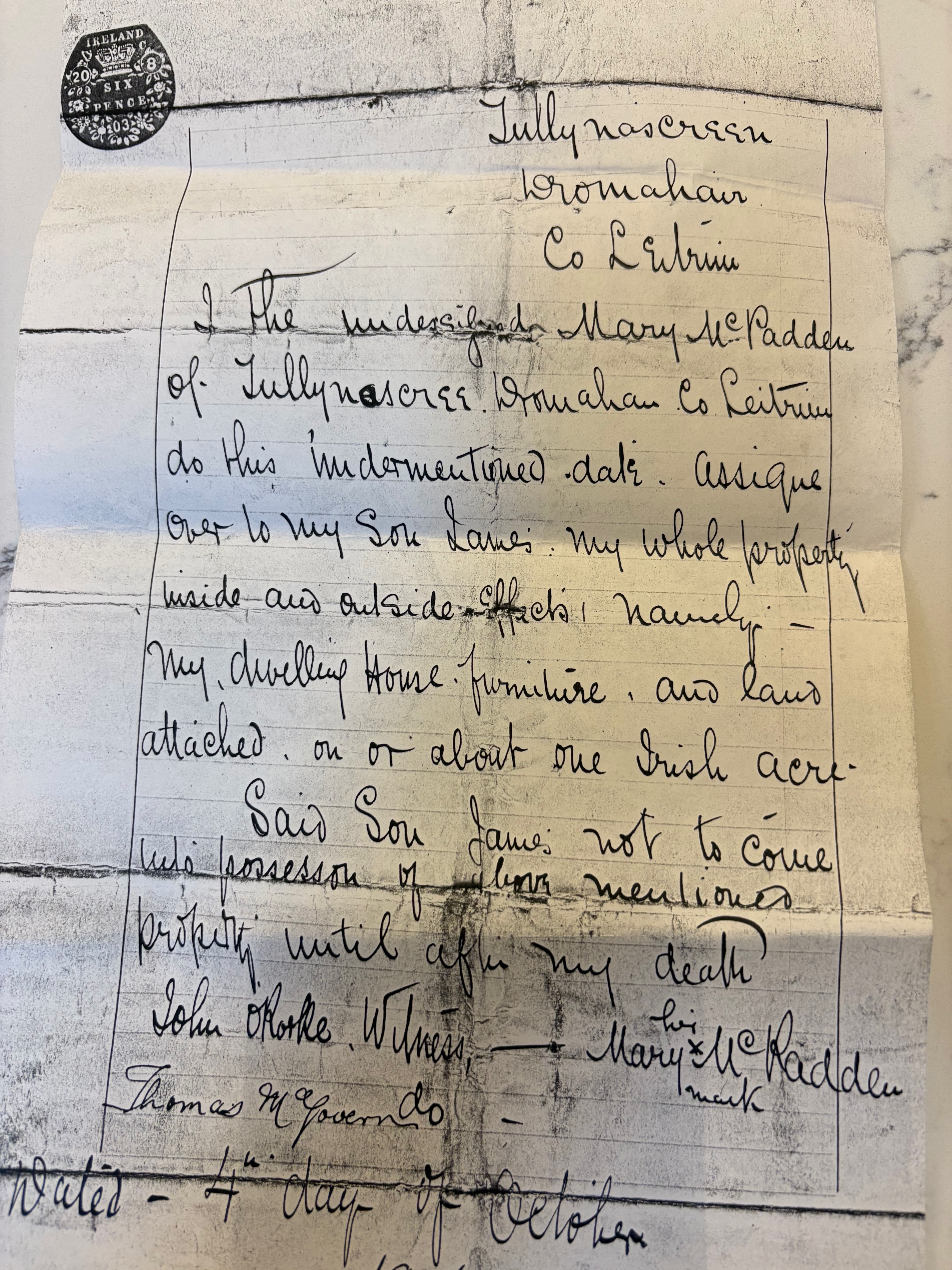 The surviving document bearing Mary McPadden’s mark, dated 4 October 1904