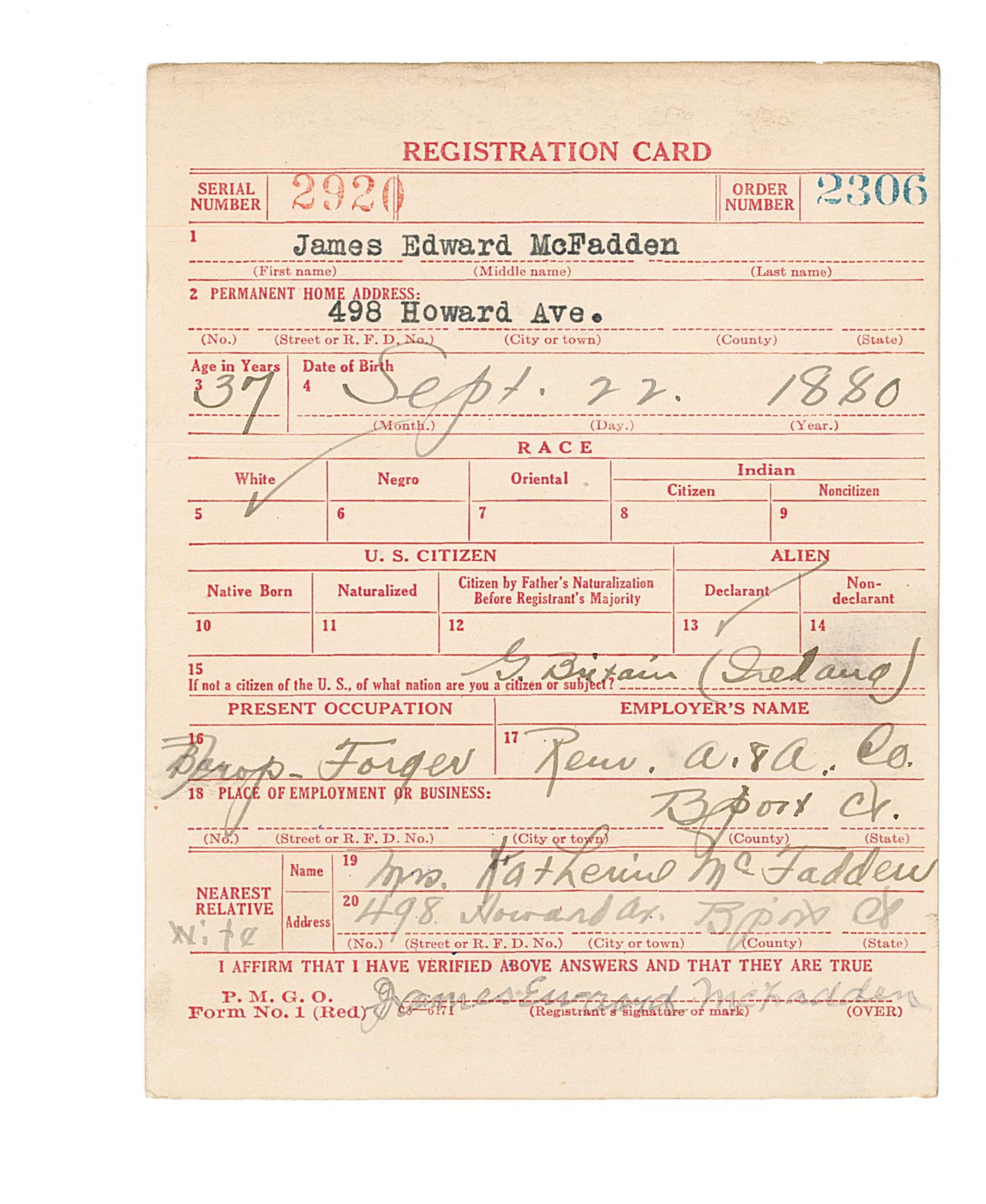 Preview of James’s 1918 draft registration