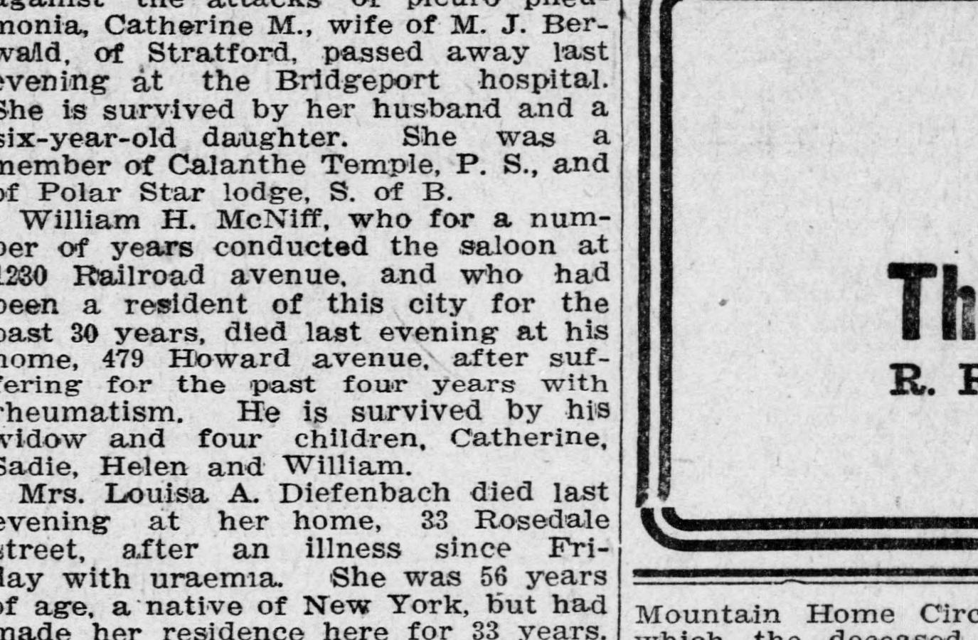 William McNiff obituary clipping from February 1910