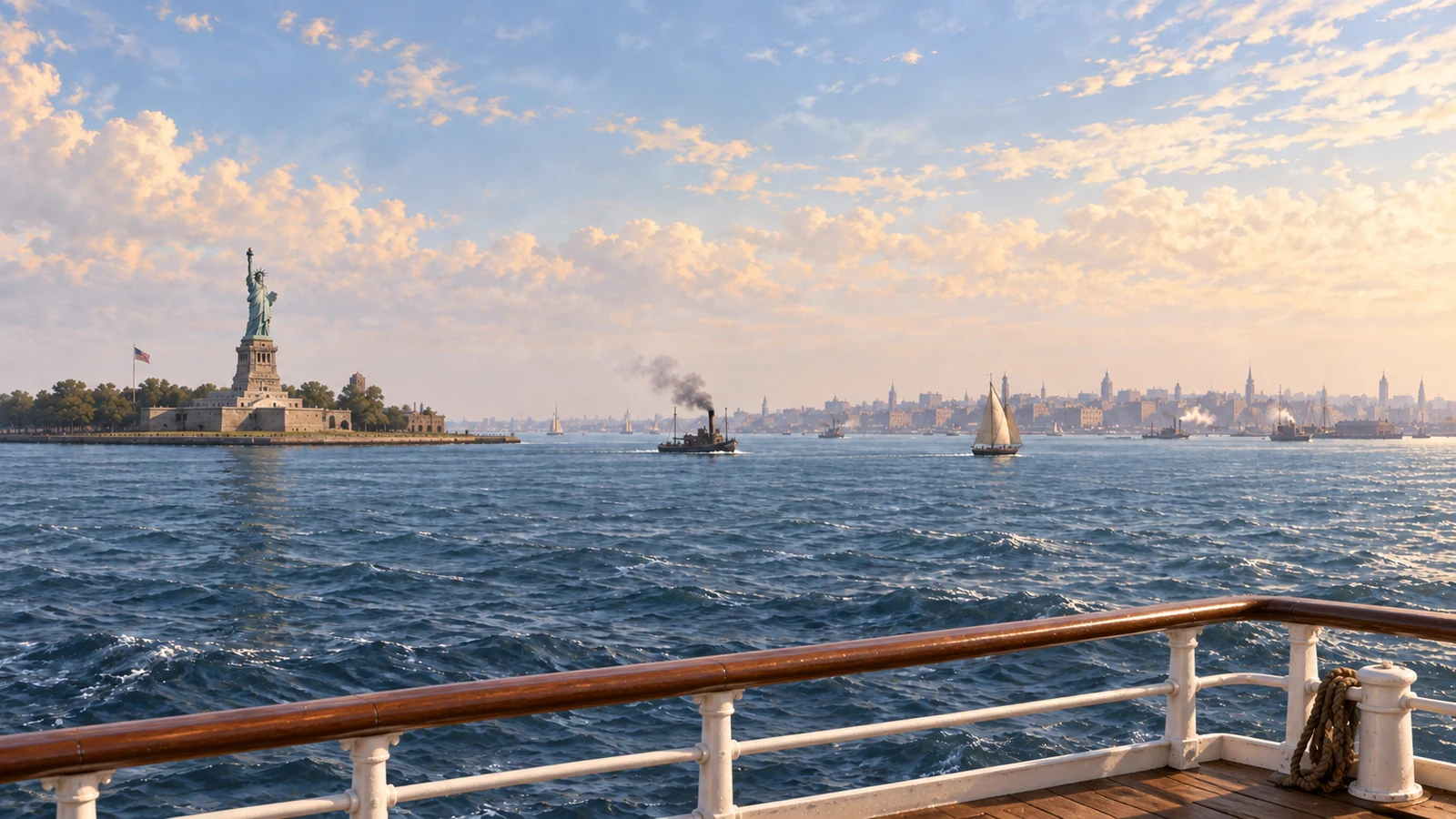 From a timber-decked period ship behind a wooden handrail: Liberty rises to the left above the harbor, with a distant city across the water. Historical illustration, not James’s recorded view.
