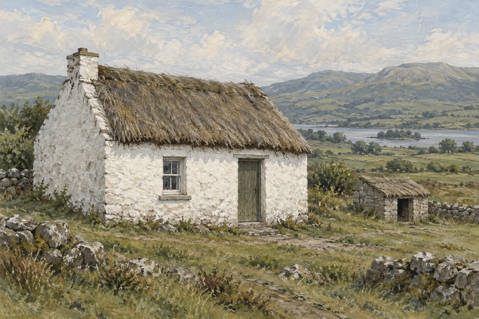 Painterly cottage interpretation with one front window and a separate fowl house; exact materials and arrangement are unverified