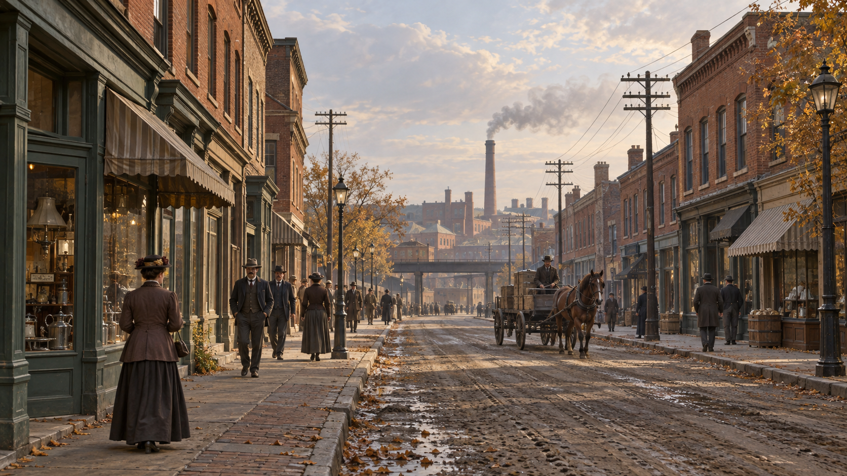 AI-generated period-inspired illustration of a Connecticut commercial street, with brick shops, pedestrians, a horse-drawn cart and a distant factory chimney; not an exact South Norwalk reconstruction