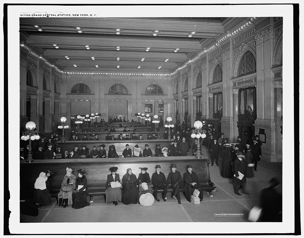 Passengers waiting inside Grand Central Station, copyright 1904