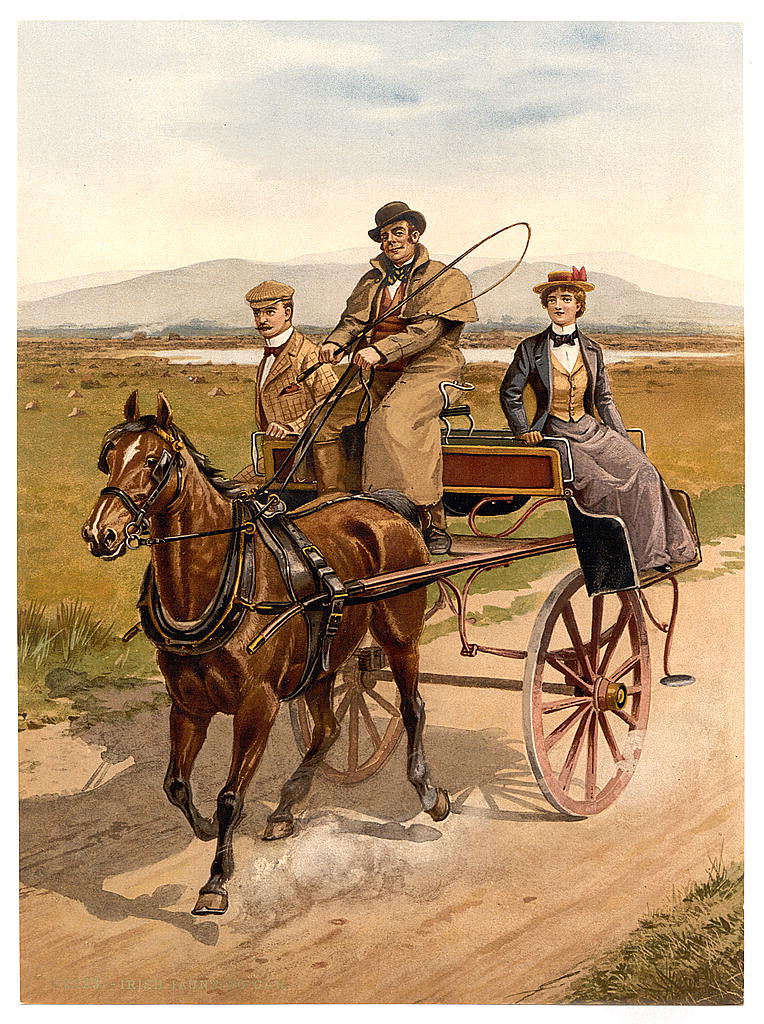 Period colour photochrom print of an Irish horse-drawn passenger jaunting car on a rural road